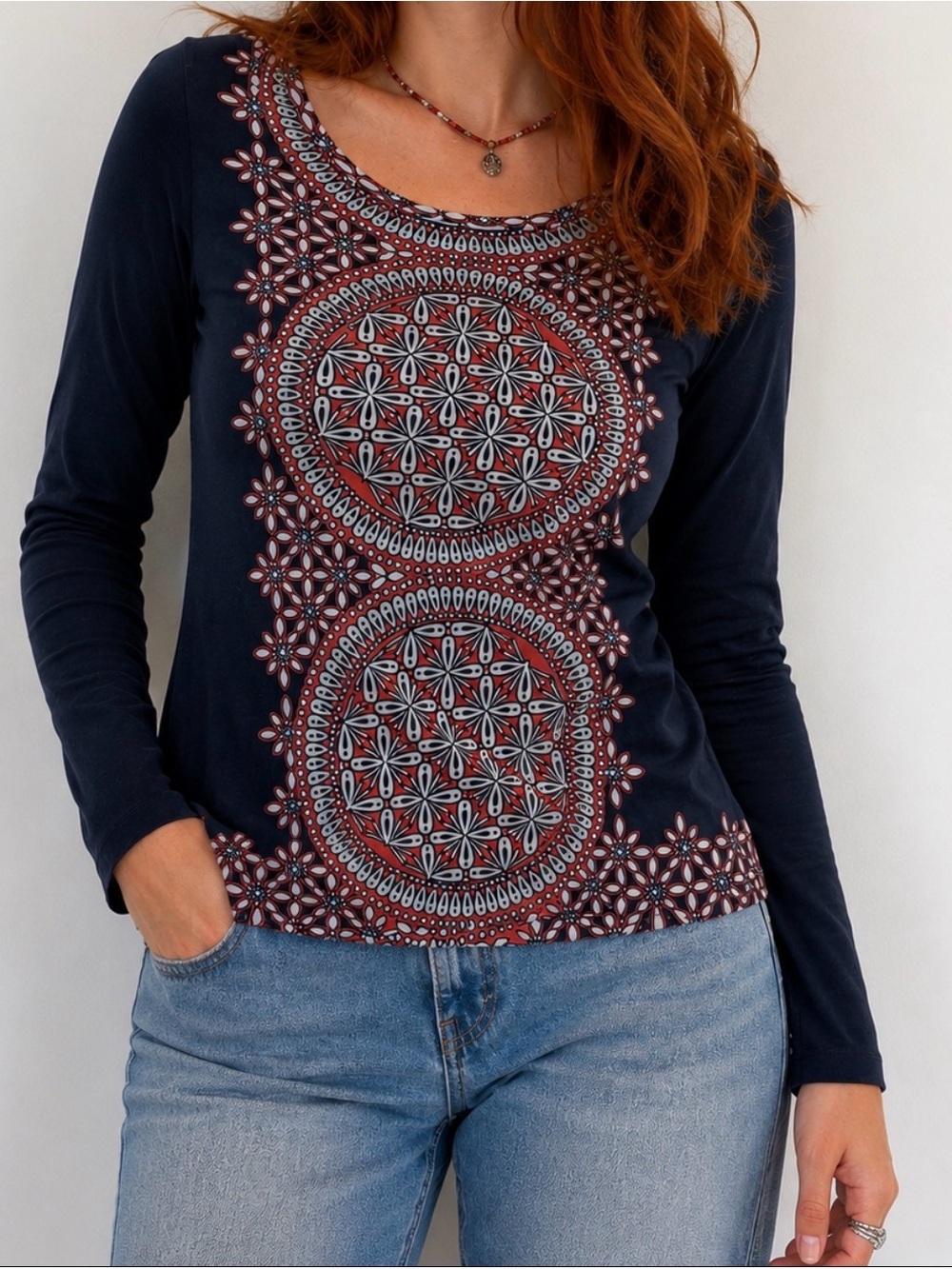 INC‎ International Concepts Navy Long-Sleeve Medallion Print Blouse Womens L